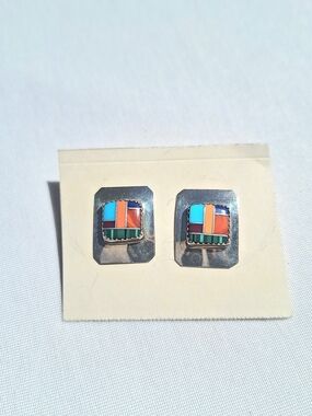 Vintage Inlaid Multicolor Square Sterling Earrings - Turquoise, Coral & Green